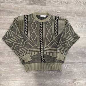 Vintage 80s London Fog Geometric Knit Crewneck Sweater, Size XL.